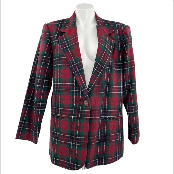 SAG HARBOR Vintage Tartan Plaid Single Breasted Wool Blazer Size 14 Christmas - Picture 2 of 6